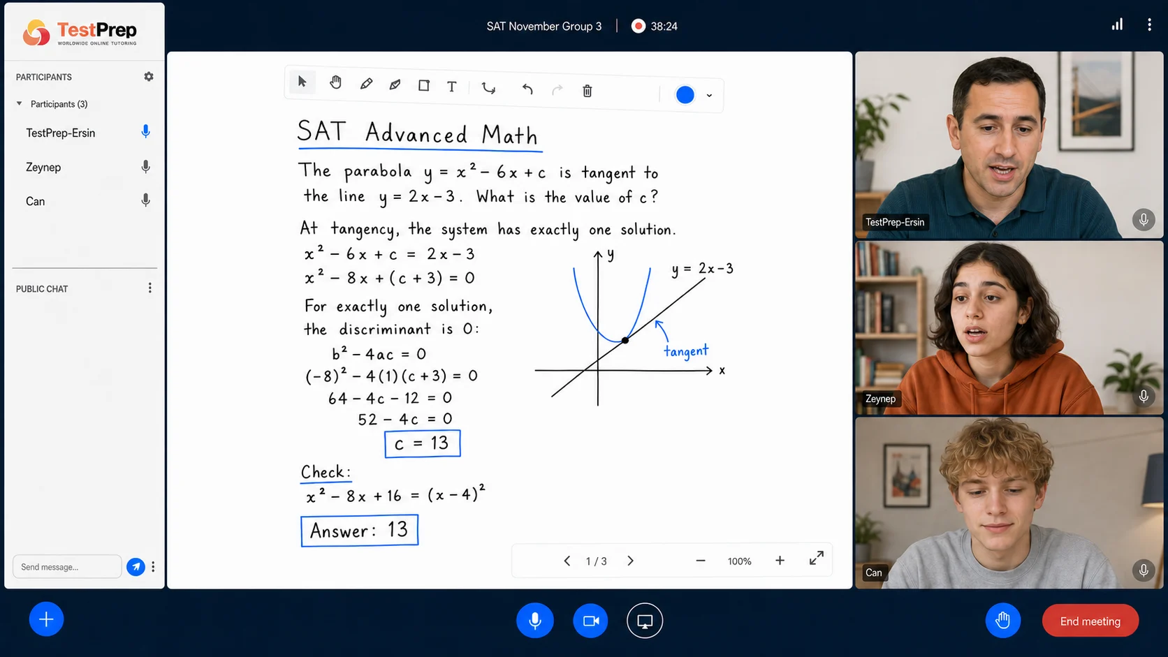 An SAT group lesson in the TestPrep online classroom: an Advanced Math tangency problem solved step by step on the shared whiteboard, with the tutor and two students on camera