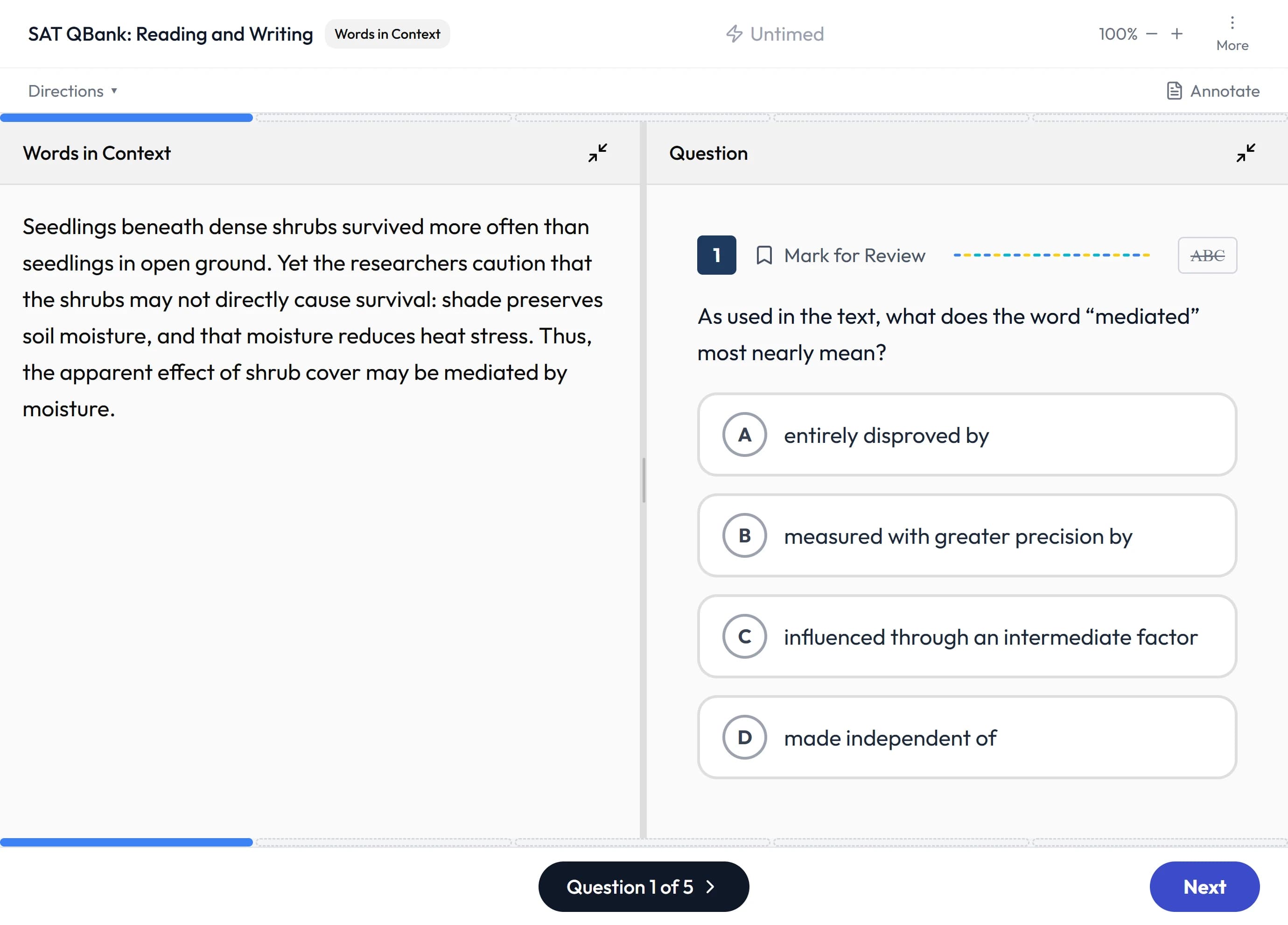 The TestPrep SAT question bank: a Words in Context question with the passage on the left, answer choices on the right and the mark-for-review and answer-eliminator tools